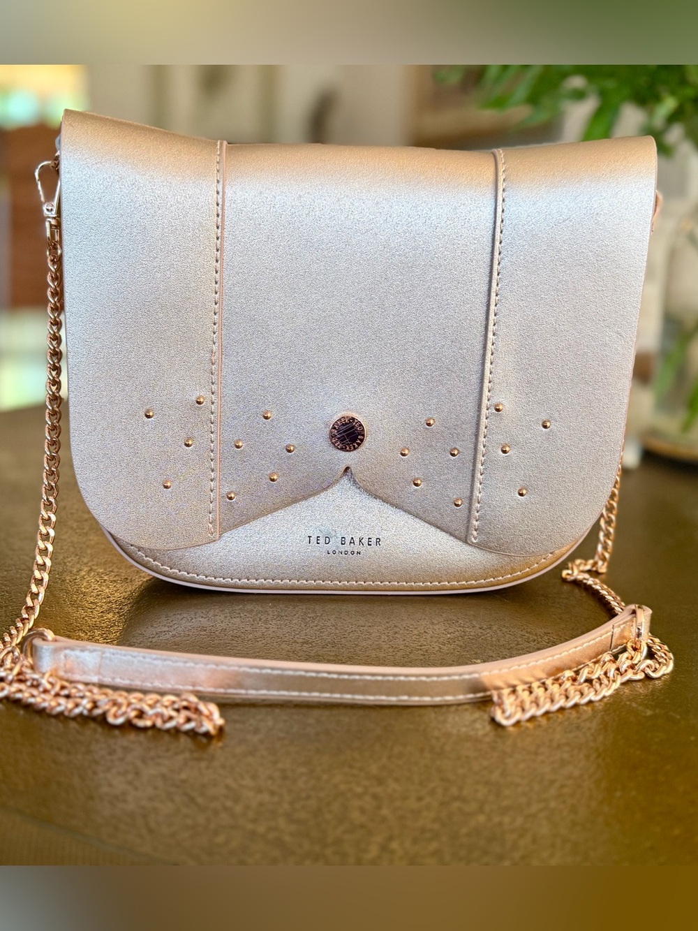 Ted Baker London Rose Gold Leather Crossbody Bag | Stud Detail | Chain Strap